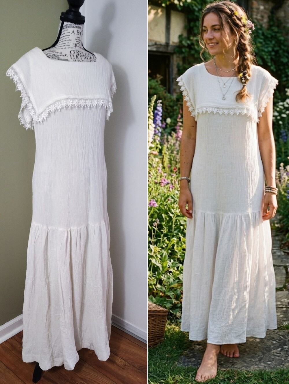 VTG‎ 70s White Gauze Boho Maxi Prarie Dress with Crochet Trim SZ 12 Cottagecore